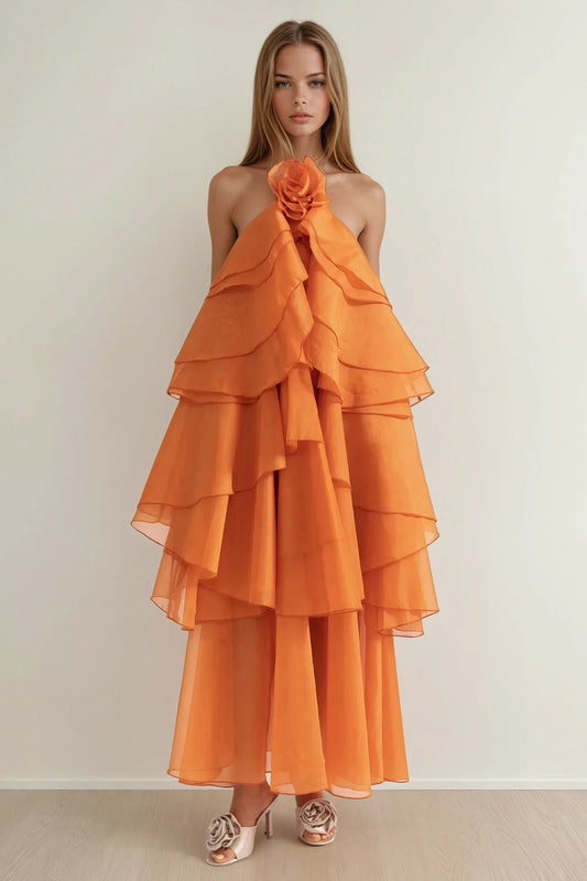 Layered Ruffle Halter Neck Maxi Dress - Orange