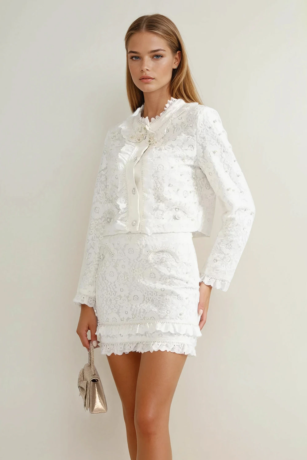 Two-Piece Set with Embroidered Jacket and Mini Skirt - White
