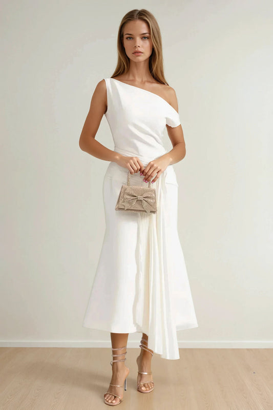 Asymmetrical Maxi Dress with Draped Skirt Detail - White