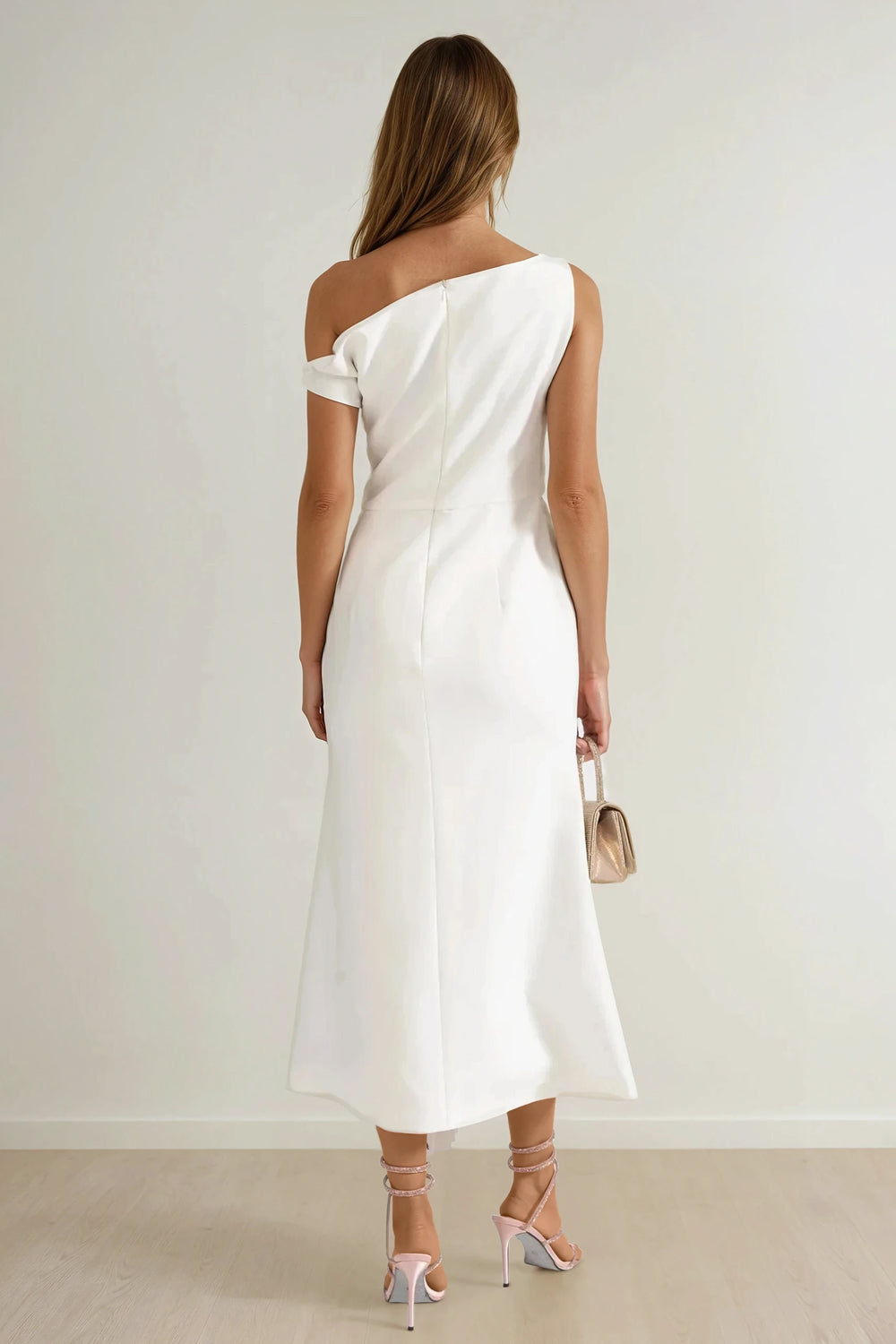 Asymmetrical Maxi Dress with Draped Skirt Detail - White