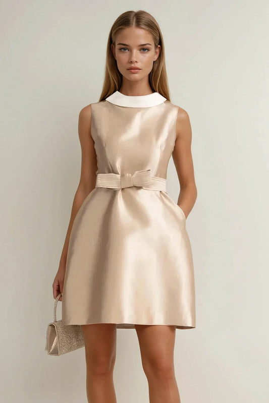 Sleeveless Mini Dress with Belted Waist and Contrast Collar - Beige