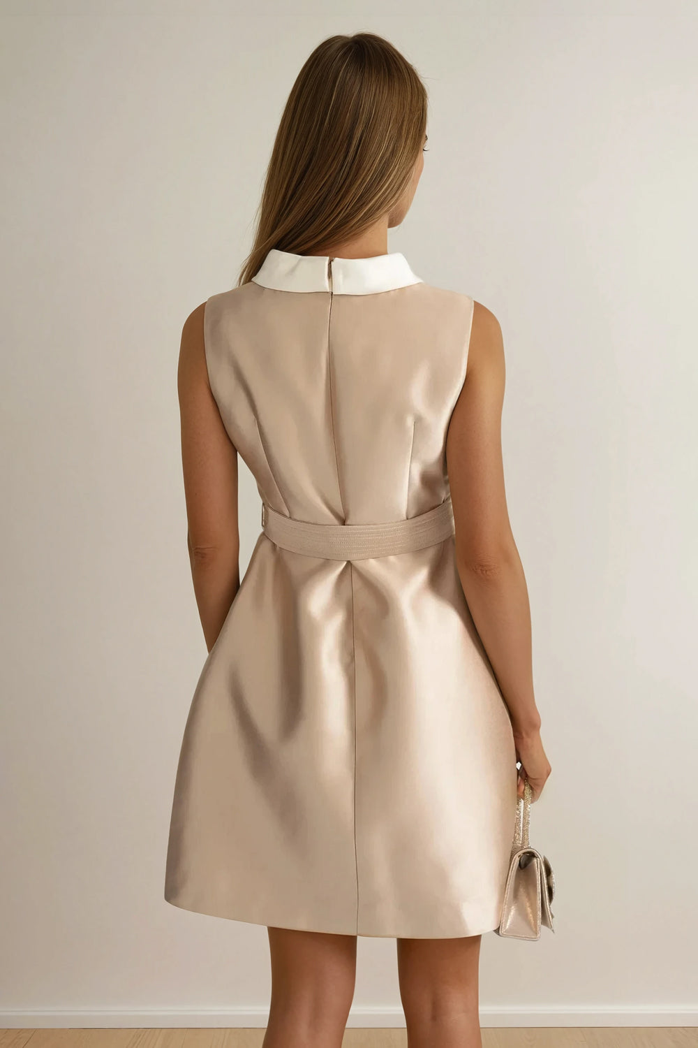 Sleeveless Mini Dress with Belted Waist and Contrast Collar - Beige