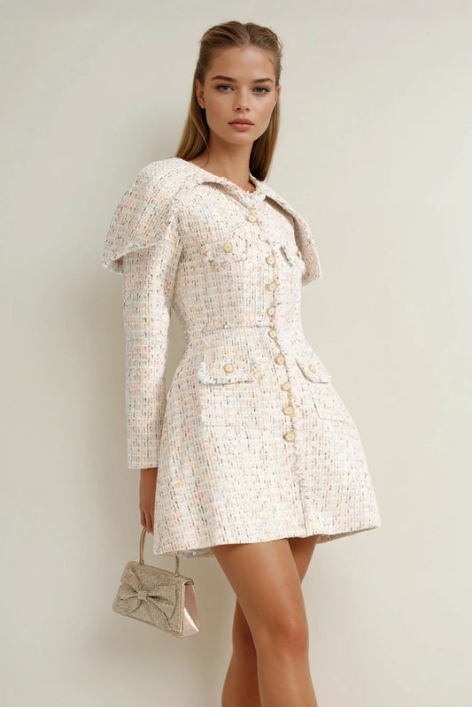 Mini Dress with Oversized Shoulder Detail and Button Front - Beige
