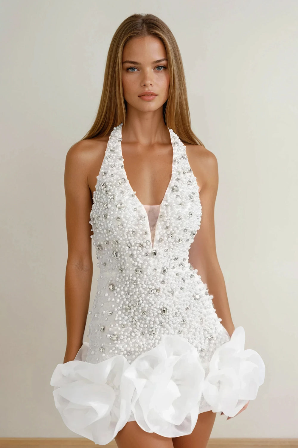 Mini Dress with Pearl Details and Large 3D Flowers - White