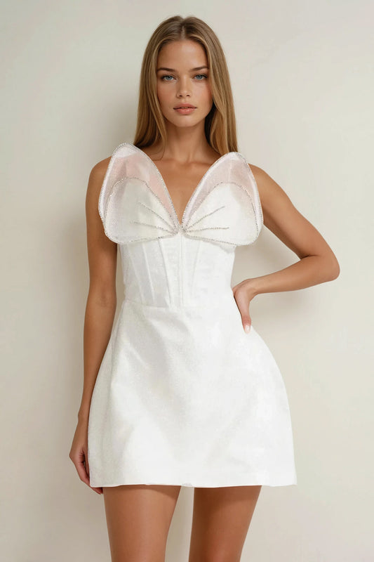 Structured Corset Detail Mini Dress with Sheer Petal Accents - White