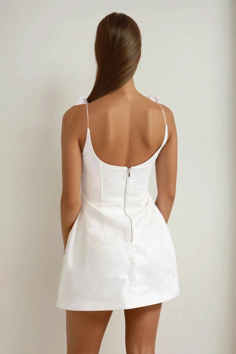 Structured Corset Detail Mini Dress with Sheer Petal Accents - White