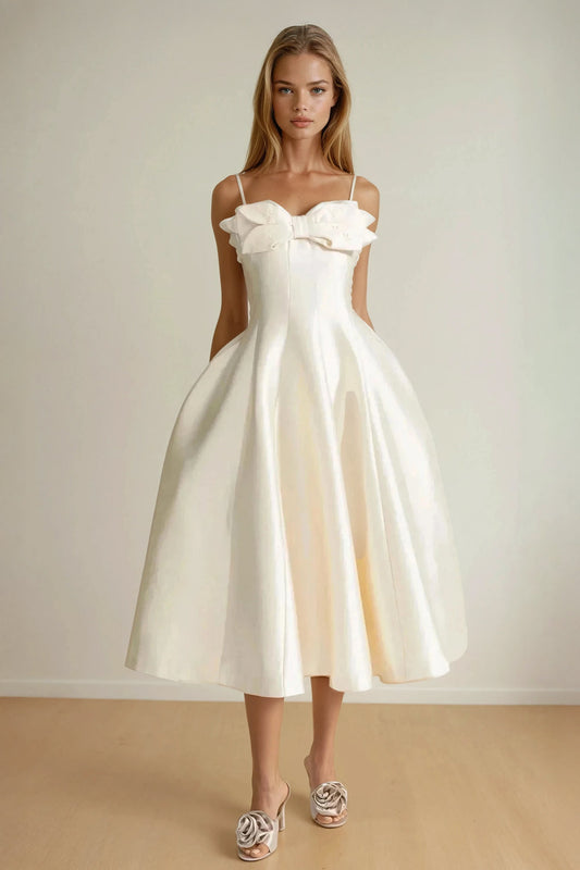 Midi Dress with Double Bow and Flared Skirt - White