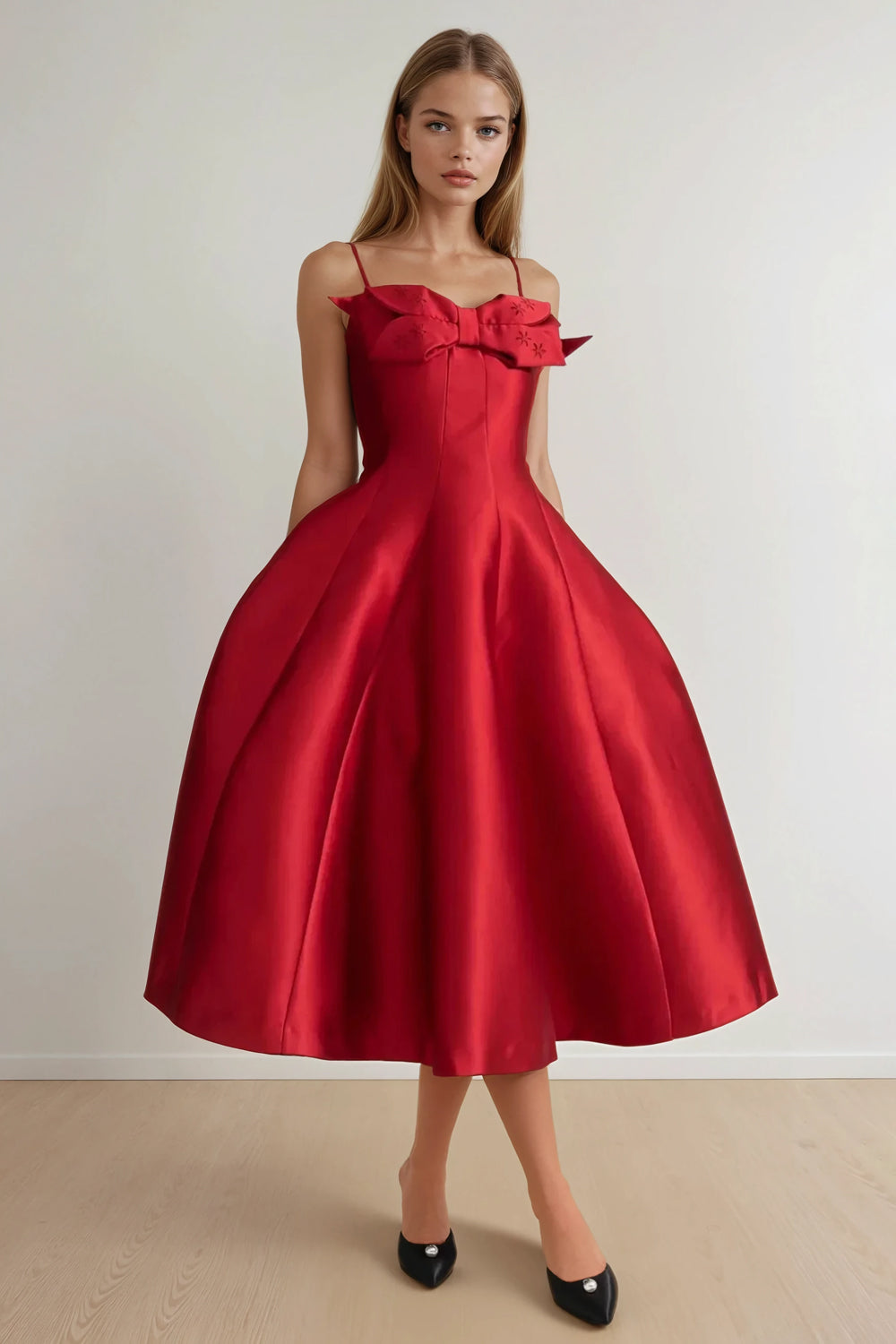 Midi Dress with Double Bow and Flared Skirt - Red