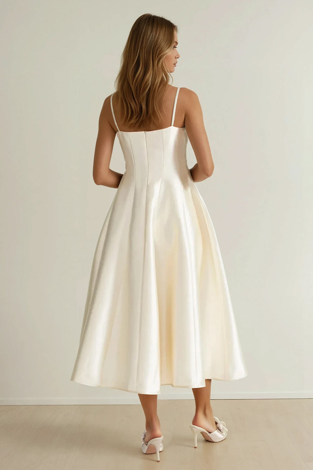 Midi Dress with Double Bow and Flared Skirt - White