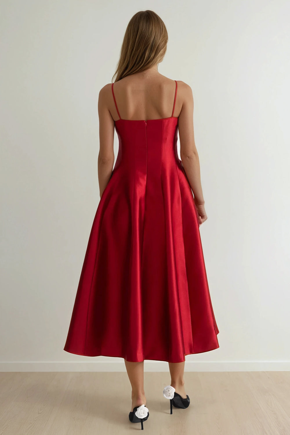 Midi Dress with Double Bow and Flared Skirt - Red
