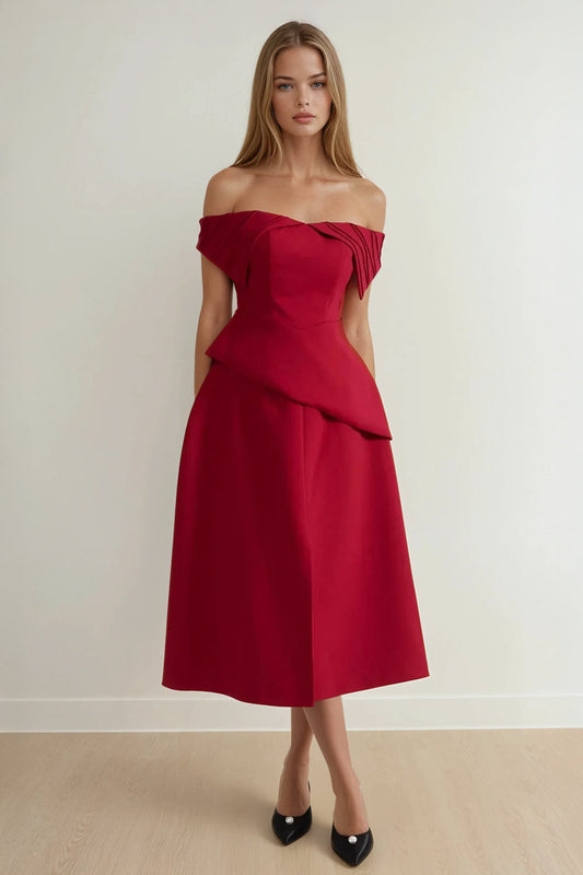 Two-Piece Set with Off-Shoulder Pleated Top and A-Line Midi Skirt - Red