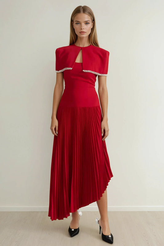 Pleated Midi Dress with Detachable Embellished Shoulder Cape - Red