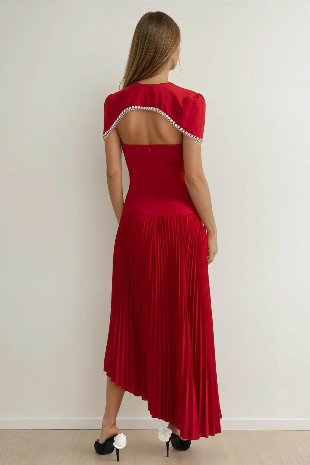 Pleated Midi Dress with Detachable Embellished Shoulder Cape - Red