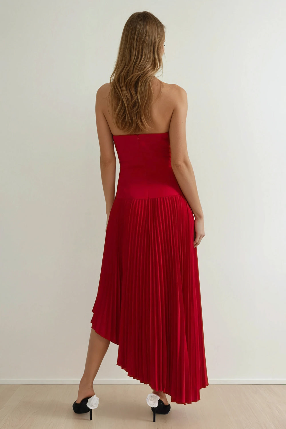 Pleated Midi Dress with Detachable Embellished Shoulder Cape - Red