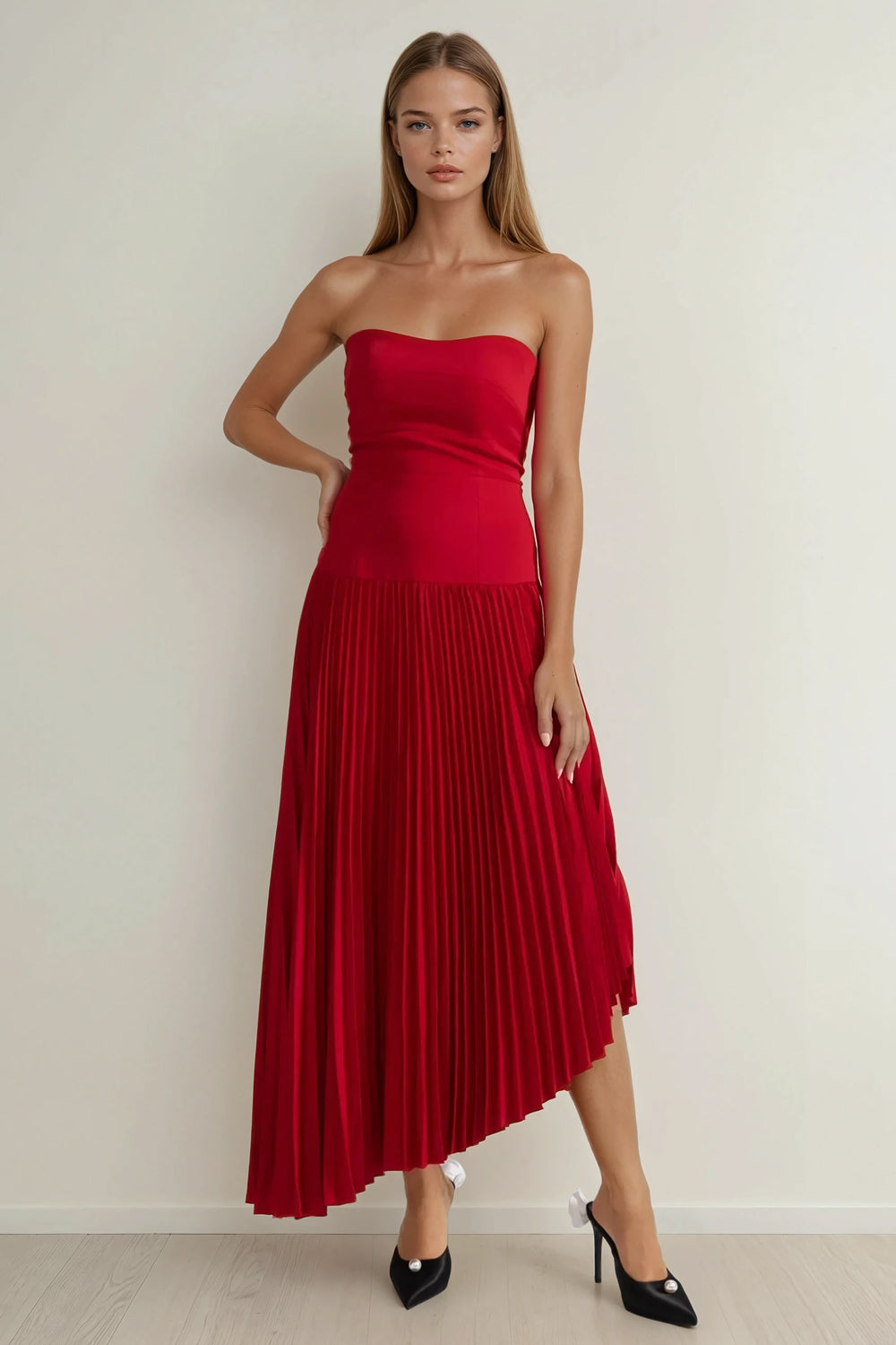 Pleated Midi Dress with Detachable Embellished Shoulder Cape - Red