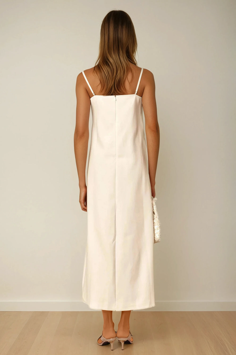 Midi Dress with 3D Floral Embellishments and Spaghetti Straps - White