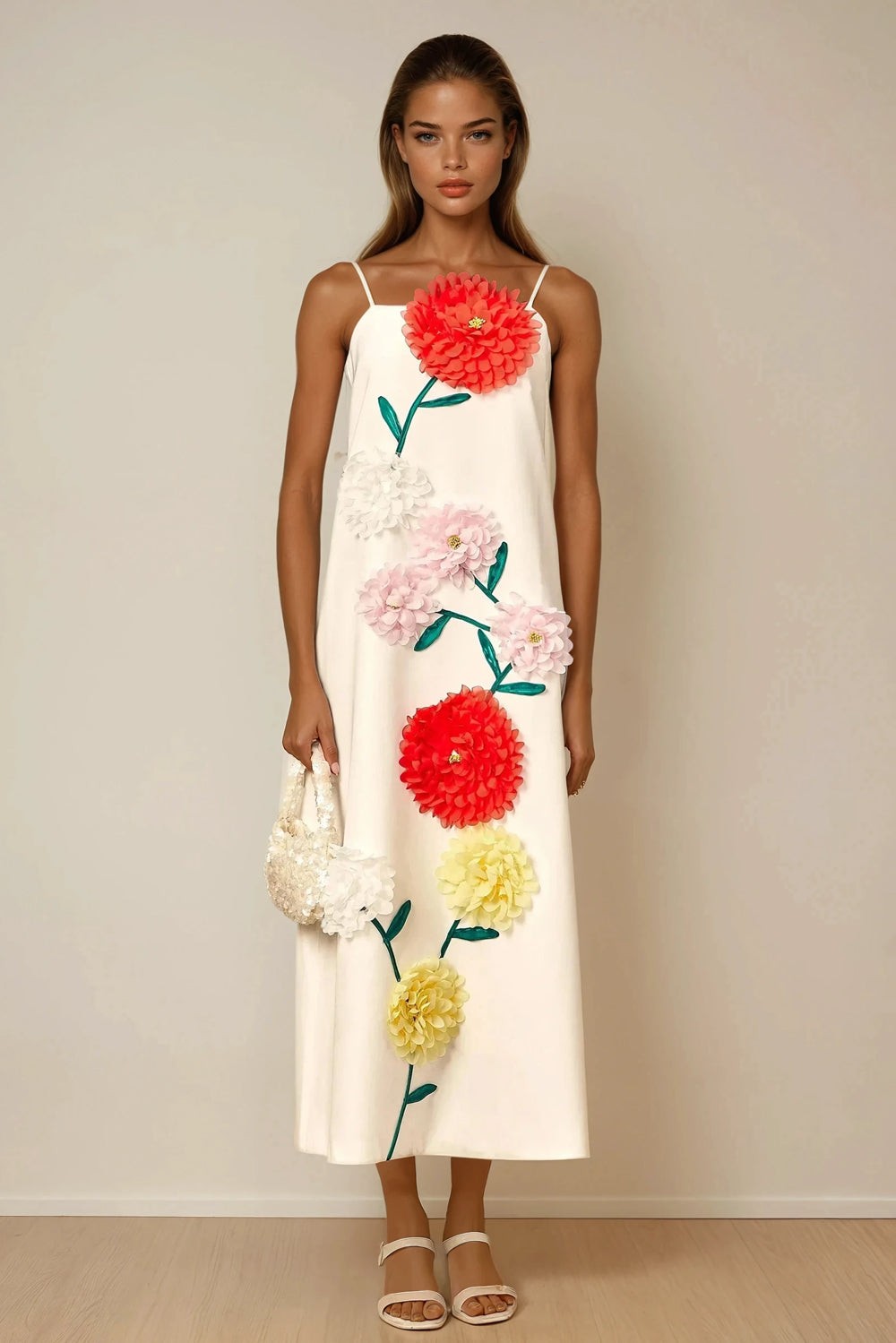 Midi Dress with 3D Floral Embellishments and Spaghetti Straps - White