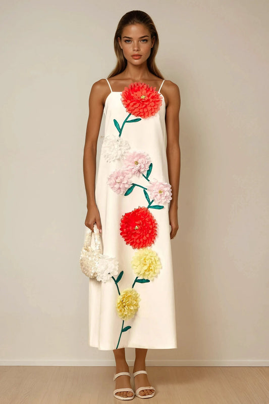 Midi Dress with 3D Floral Embellishments and Spaghetti Straps - White