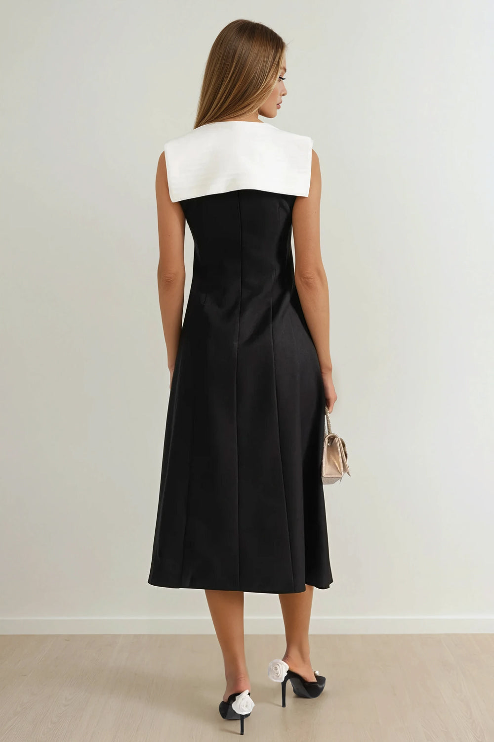 Midi Dress with Contrast Collar and Detachable Structured Shoulders - Black