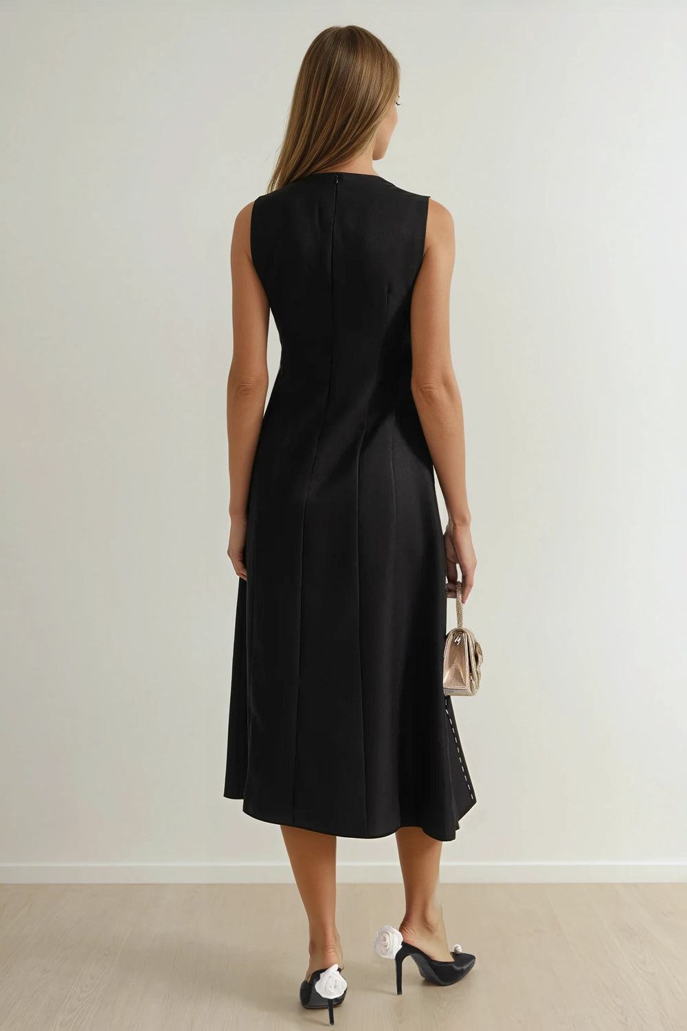 Midi Dress with Contrast Collar and Detachable Structured Shoulders - Black