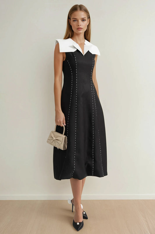 Midi Dress with Contrast Collar and Detachable Structured Shoulders - Black