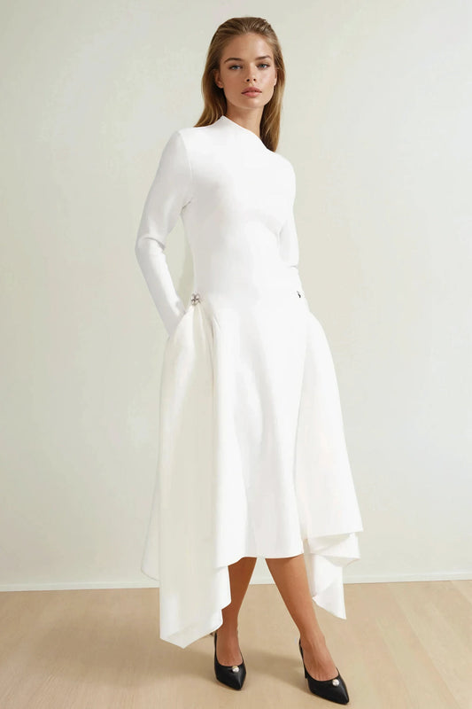 Asymmetrical Midi Dress with Long Sleeves and Draped Skirt - White