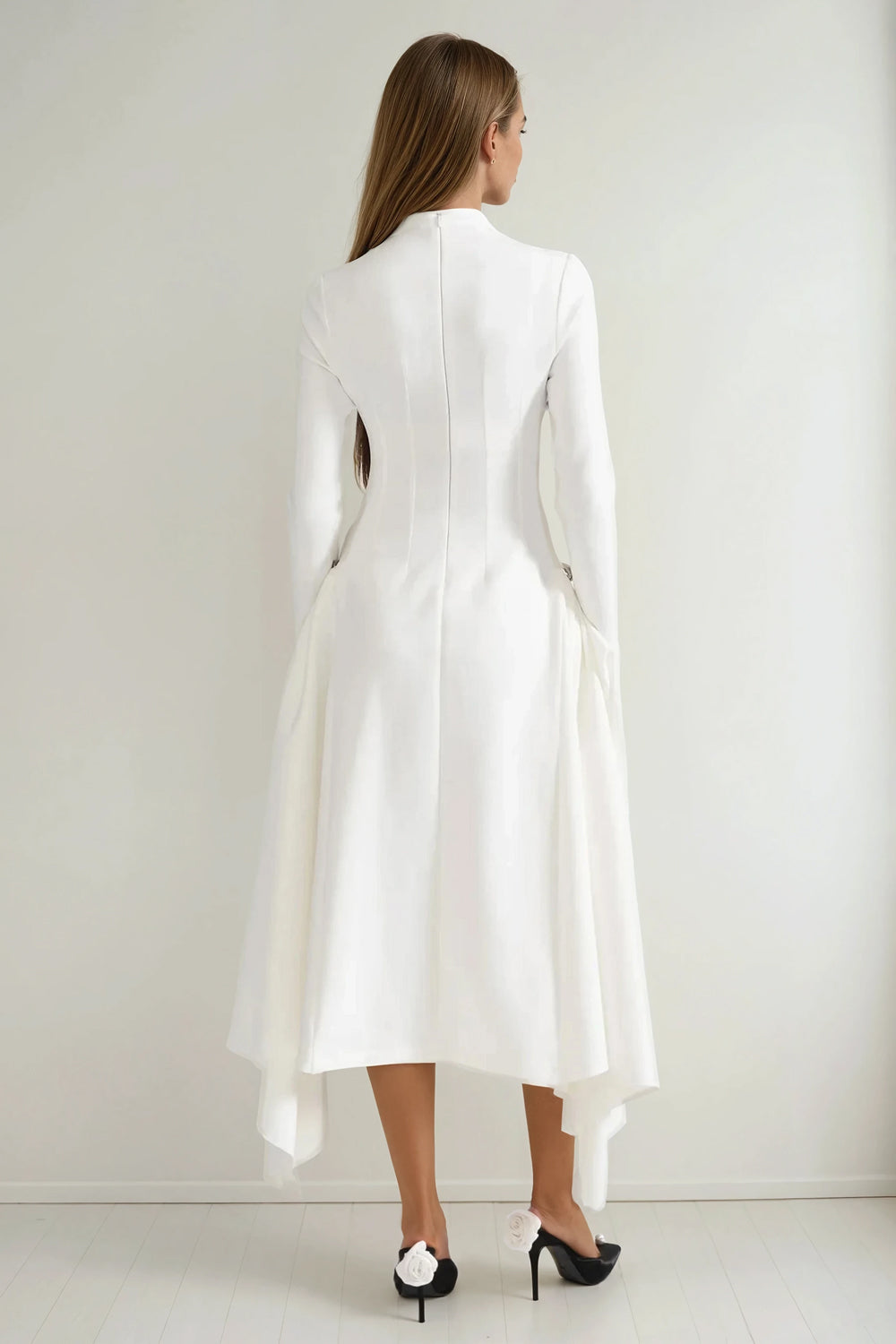 Asymmetrical Midi Dress with Long Sleeves and Draped Skirt - White