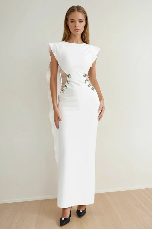 Maxi Dress with Draped Shoulder Cape and Embellished Side Cutouts - White
