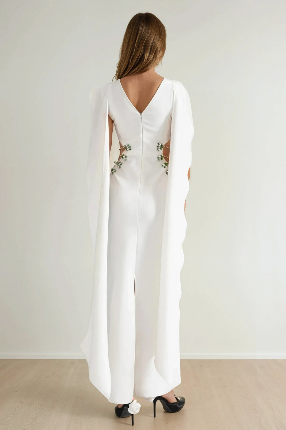 Maxi Dress with Draped Shoulder Cape and Embellished Side Cutouts - White