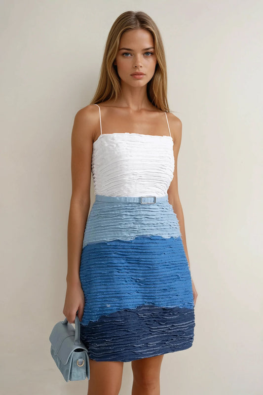 Mini Dress with Thin Straps and Textured Layered Skirt - Blue