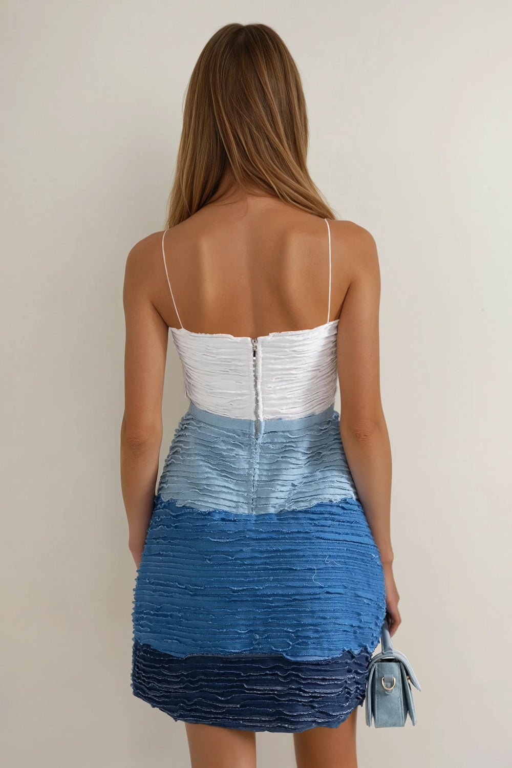 Mini Dress with Thin Straps and Textured Layered Skirt - Blue