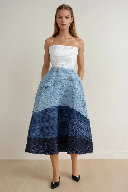 Midi Dress with Crinkled Texture and Thin Straps - Blue