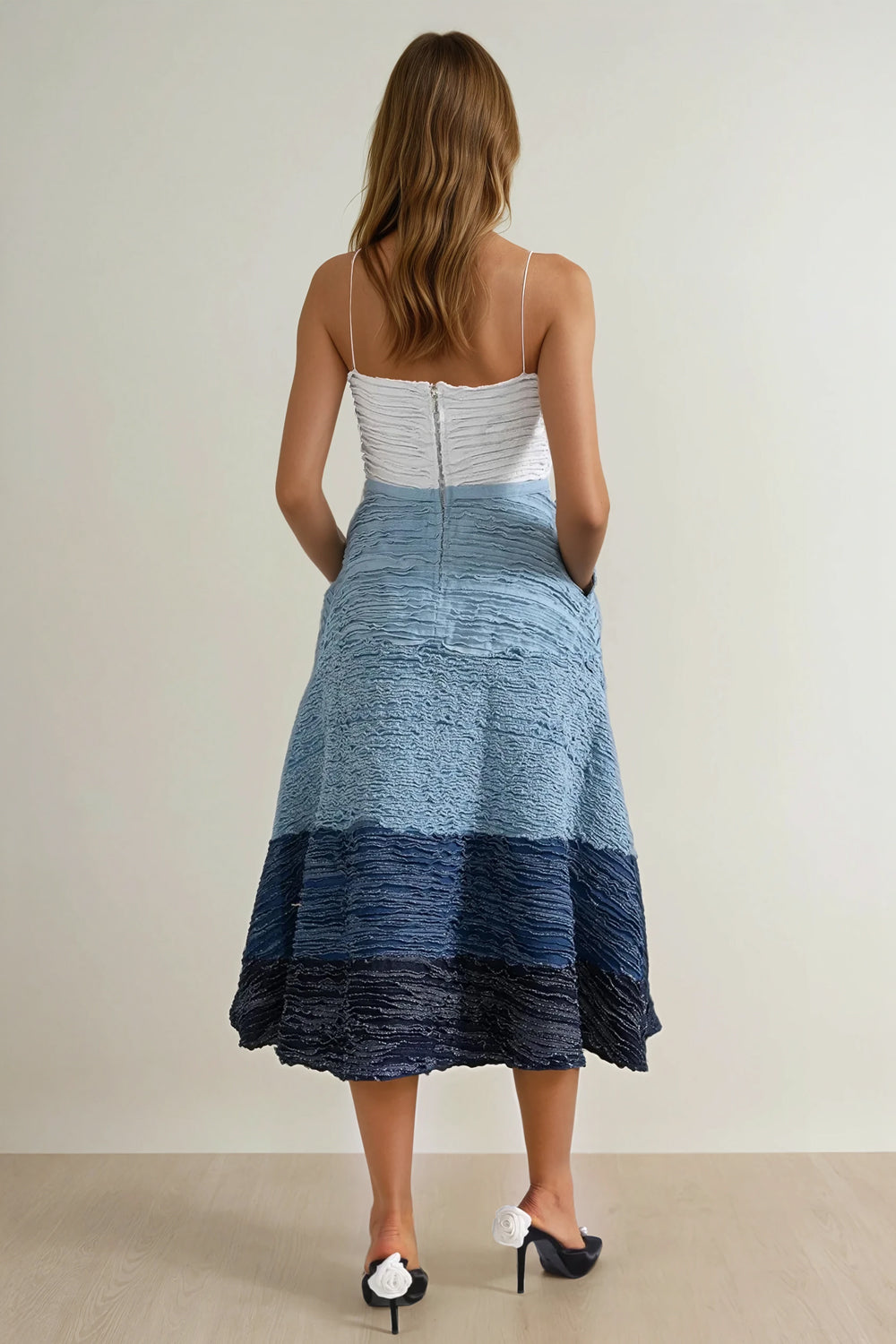 Midi Dress with Crinkled Texture and Thin Straps - Blue