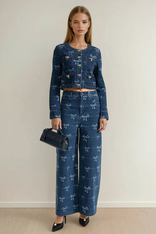 Two-Piece Set with Cropped Jacket and Wide-Leg Pants - Blue