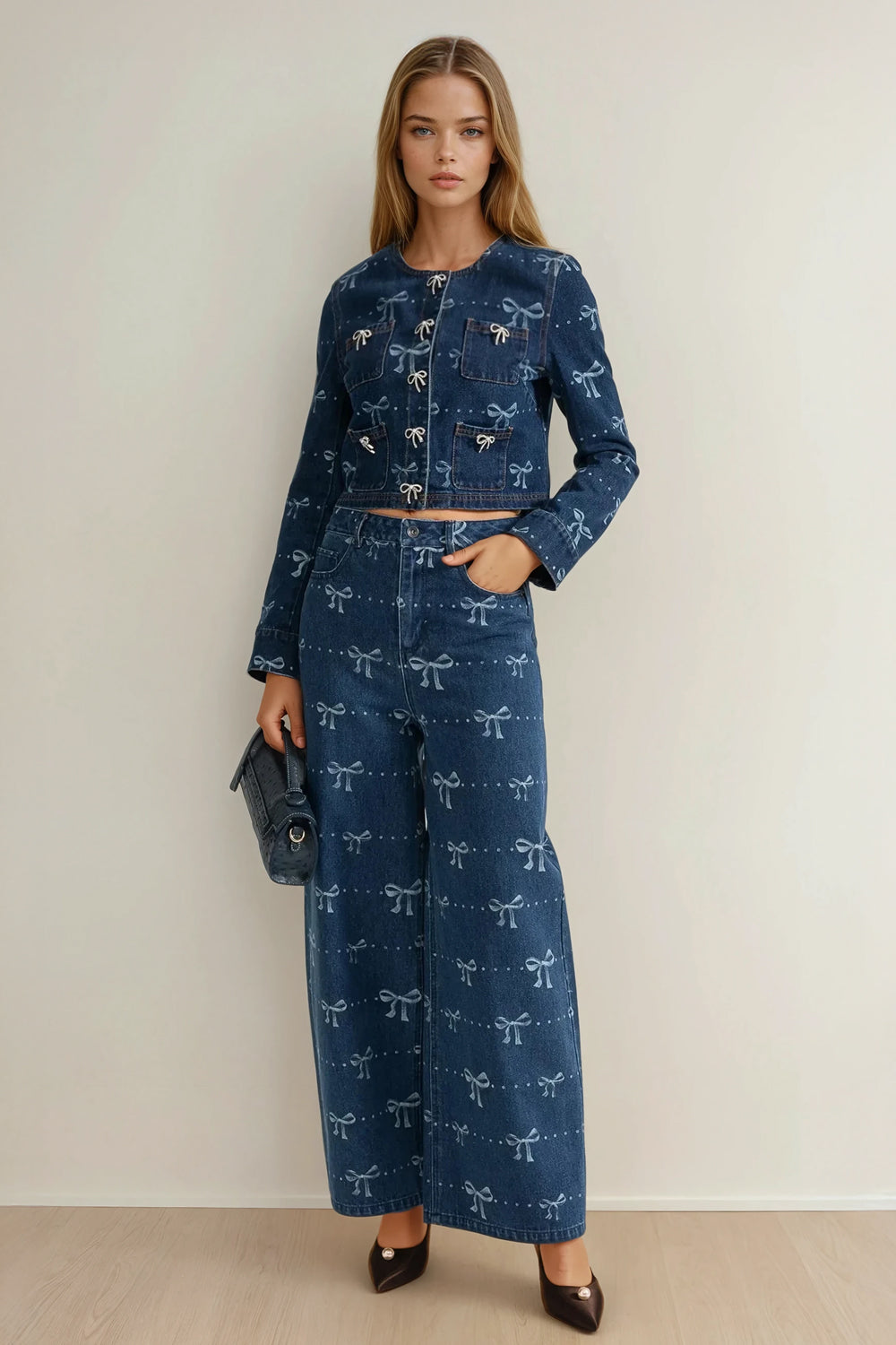 Two-Piece Set with Cropped Jacket and Wide-Leg Pants - Blue