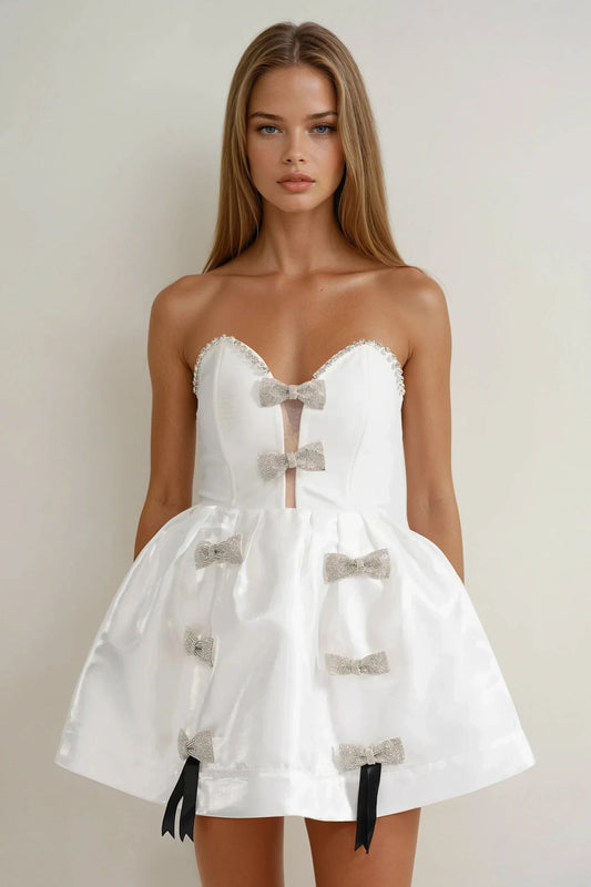 Strapless Mini Dress with Bows and Fit-and-Flare Silhouette - White