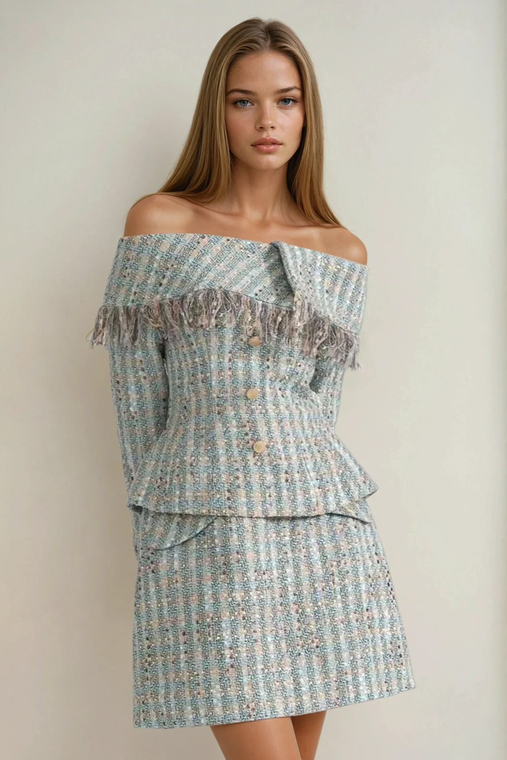 Two-Piece Set with Off-Shoulder Blazer and Mini Skirt - Blue