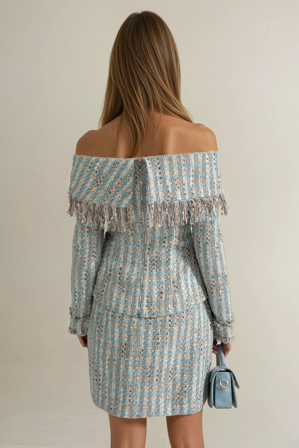 Two-Piece Set with Off-Shoulder Blazer and Mini Skirt - Blue