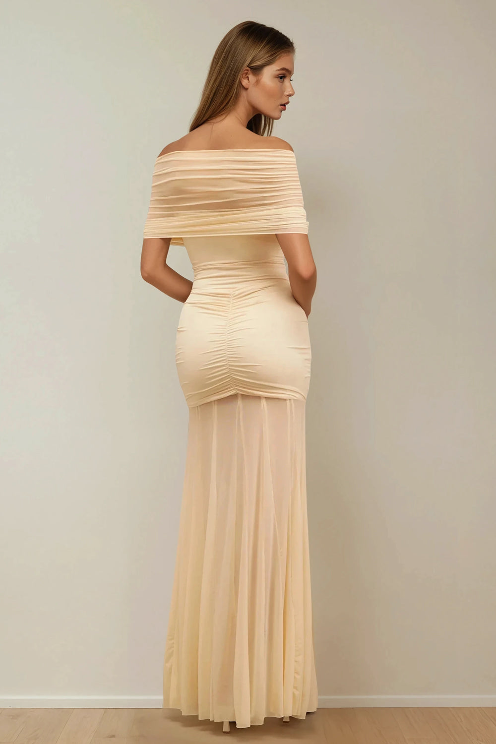 Off-Shoulder Maxi Dress with Ruched Waist and Sheer Skirt - Beige