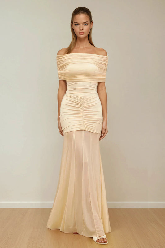 Off-Shoulder Maxi Dress with Ruched Waist and Sheer Skirt - Beige