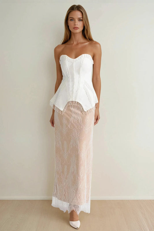 Strapless Two-Piece Set with Structured Top and Sheer Maxi Skirt - White