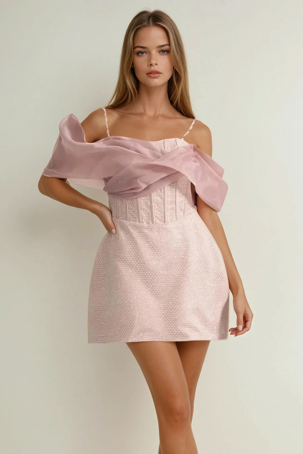Mini Dress with Draped Organza Detail and Fitted Bodice - Pink