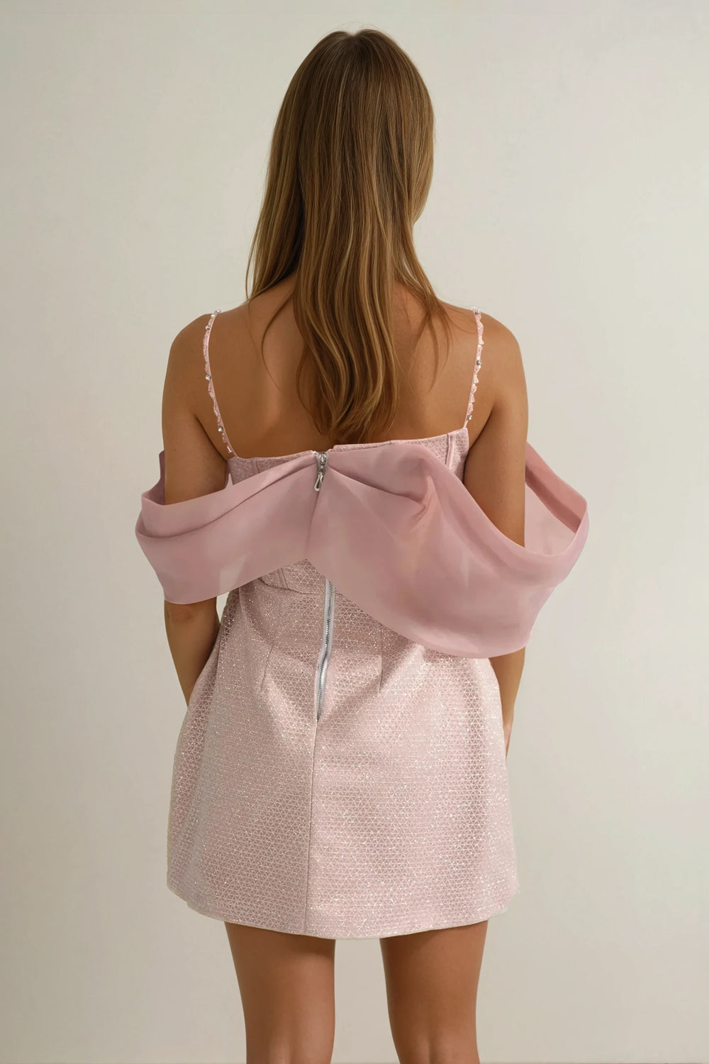 Mini Dress with Draped Organza Detail and Fitted Bodice - Pink