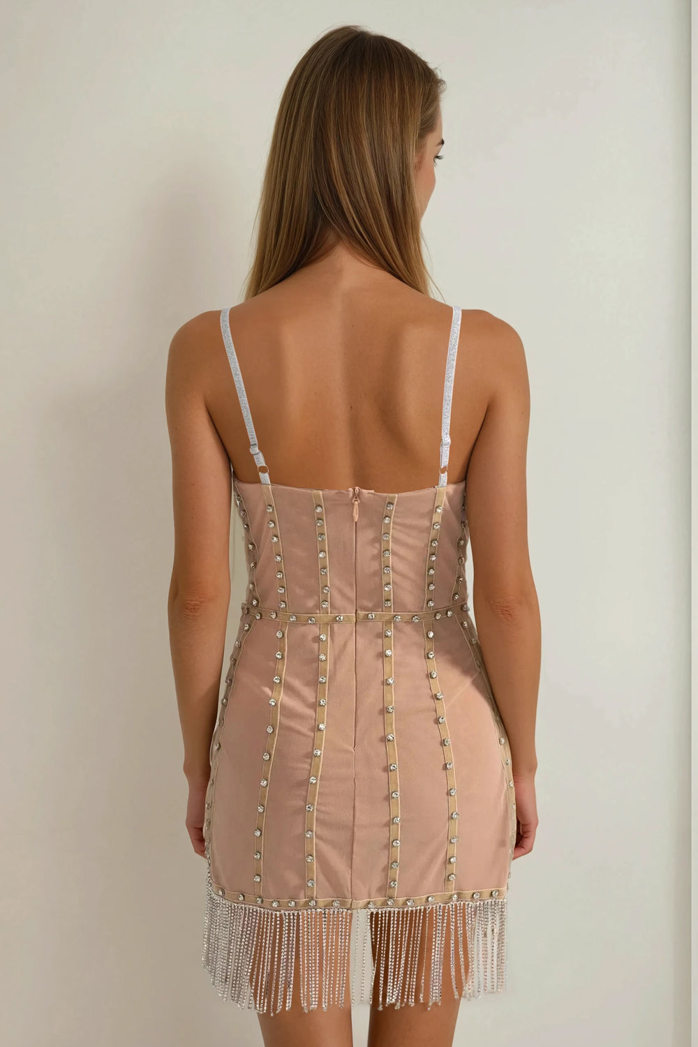 Embellished Mini Dress with Fringe Hem - Beige
