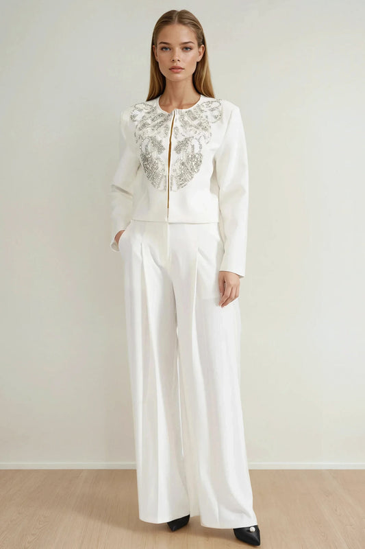 Two-Piece Set with Embroidered Jacket and Wide-Leg Trousers - White