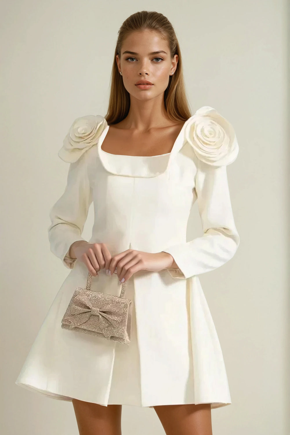 Mini Dress with 3D Shoulder Flowers and Flared Skirt - Beige