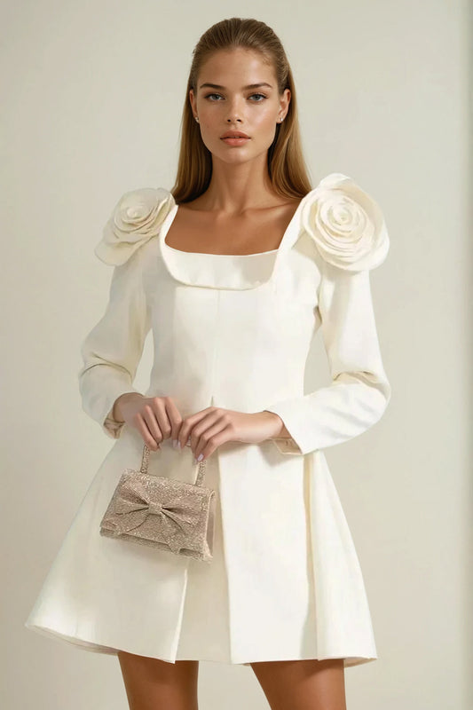 Mini Dress with 3D Shoulder Flowers and Flared Skirt - Beige