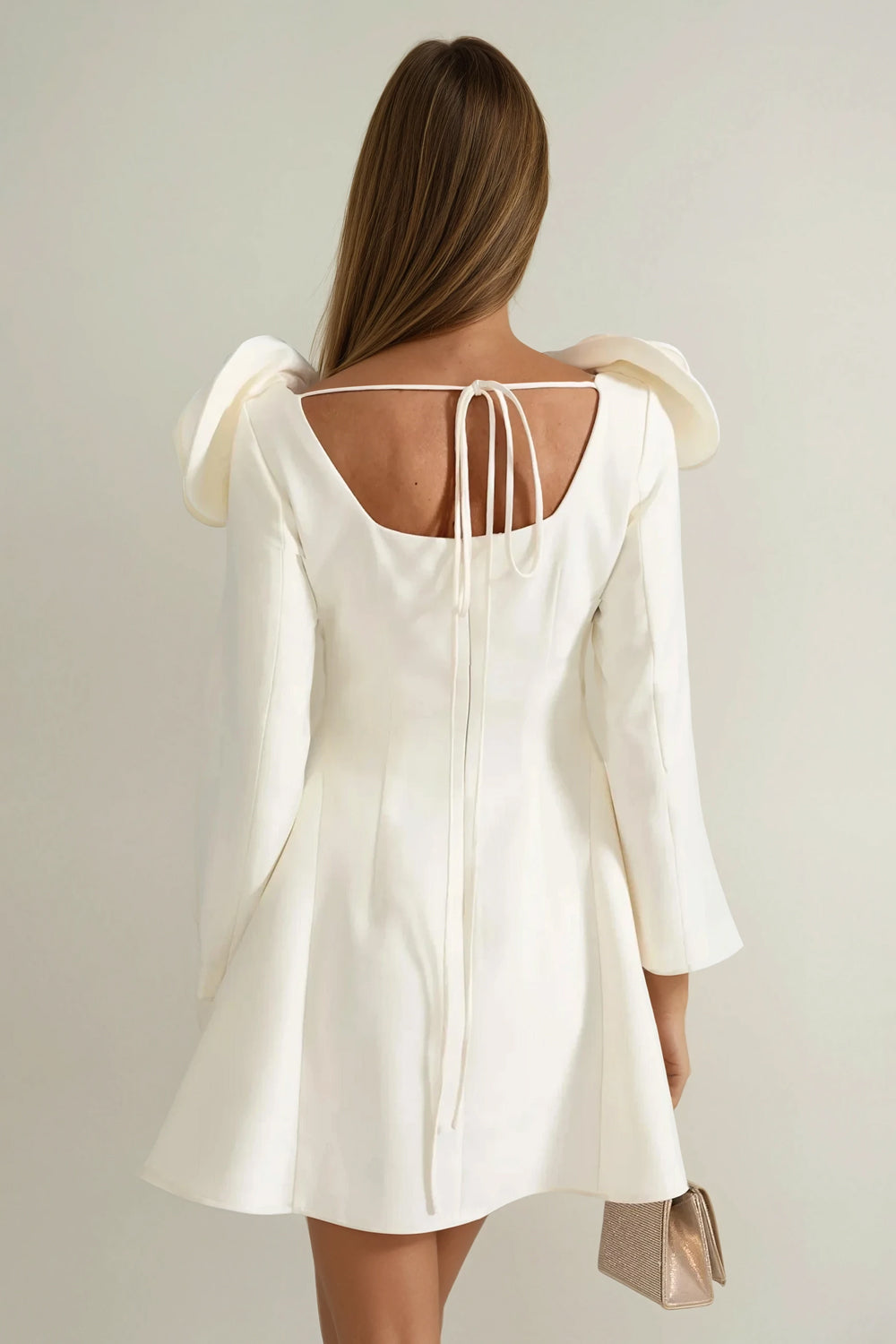Mini Dress with 3D Shoulder Flowers and Flared Skirt - Beige