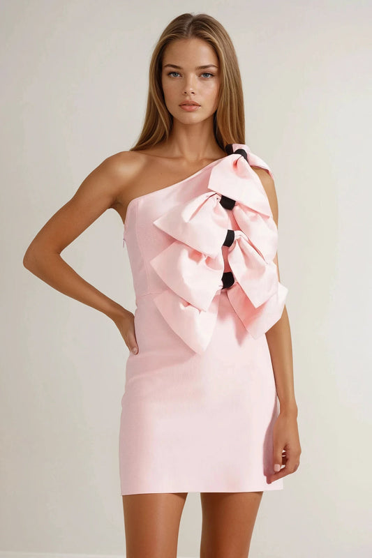 Asymmetrical Mini Dress with Layered Bows - Pink