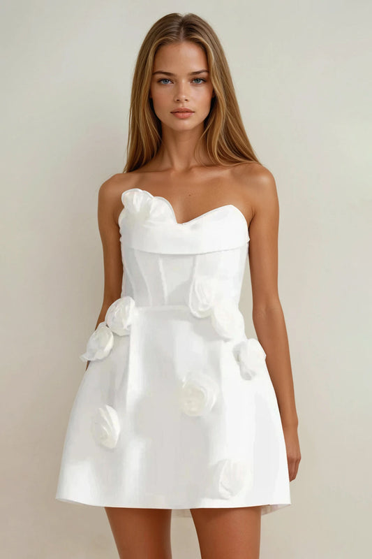 Strapless Mini Dress with 3D Rosette Detailing - White